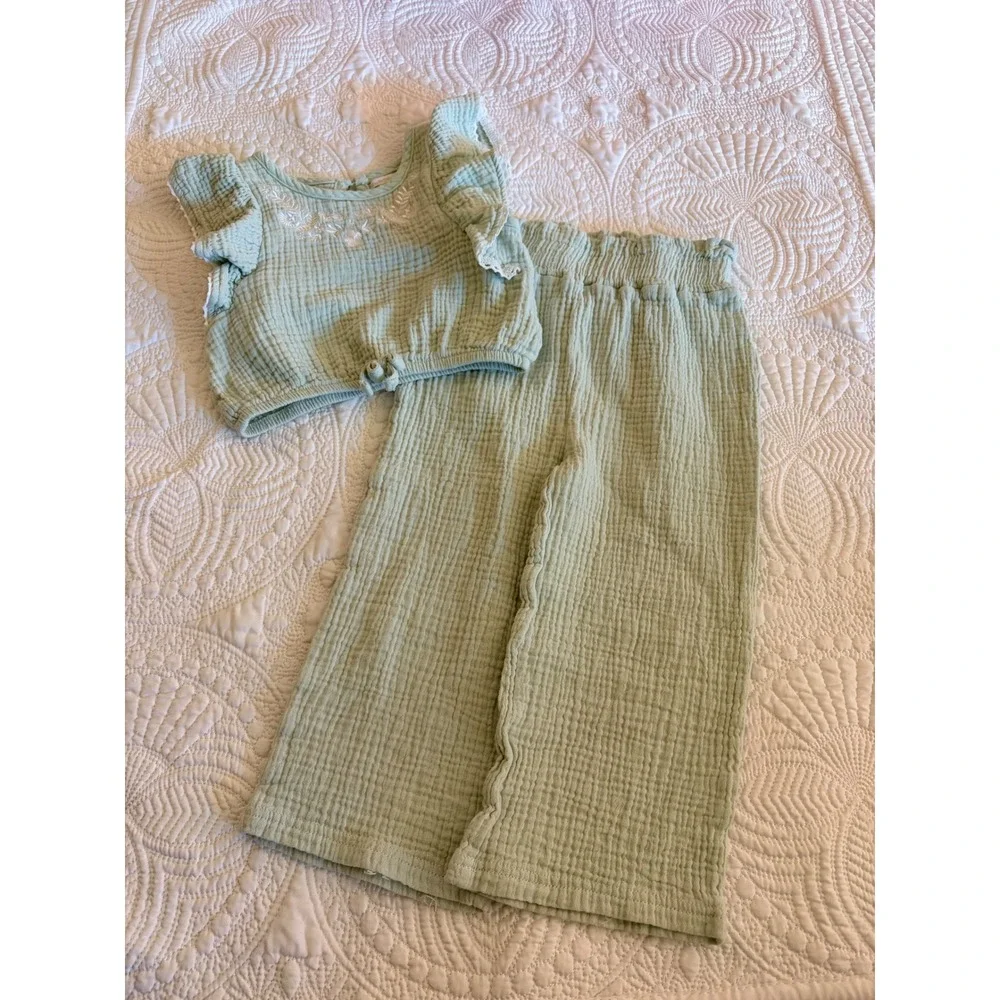 Little Girls Matching Waffle Knit Pant Set, Rachel Zoe, Green White, Size 4T